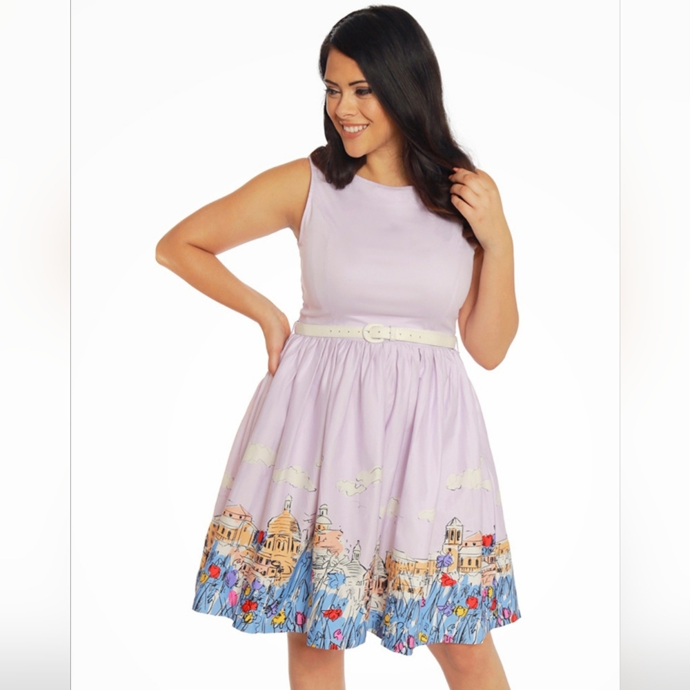 Lindy Bop Audrey Dress in purple Florence Print UK16 EUC